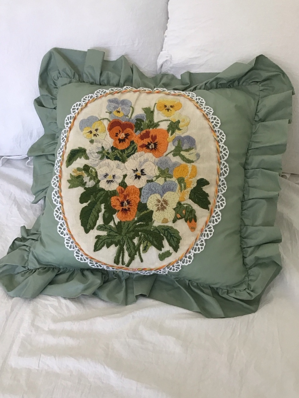 Vintage 1976 Handmade Columbia Minerva Pansies crewel pattern pillow